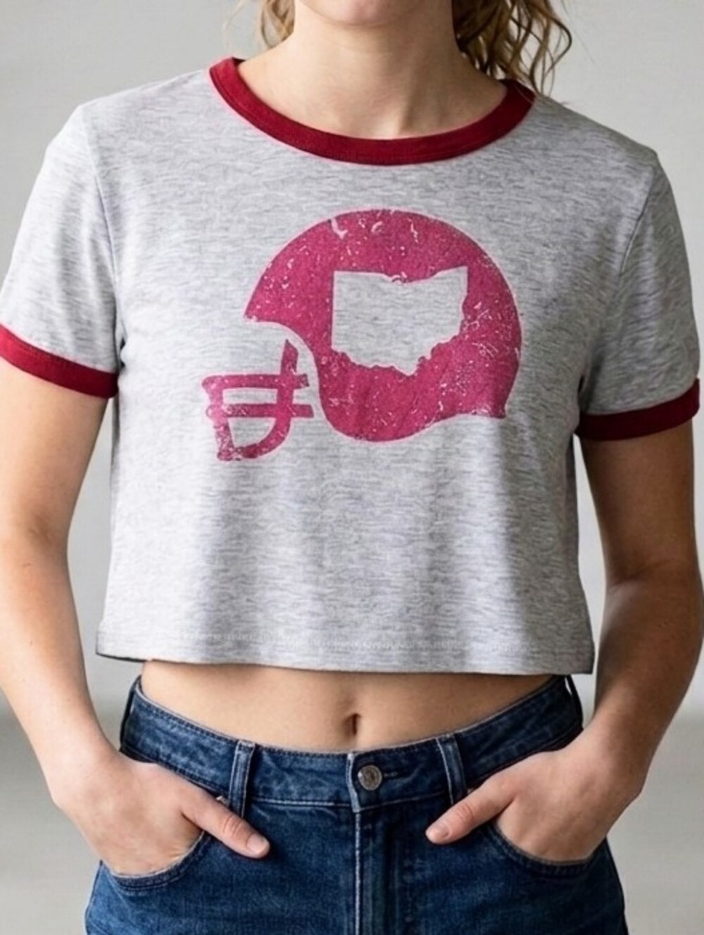 Altar’d State Crop Top Medium Womens Football T-Shirt Short Sleeve Red Gray